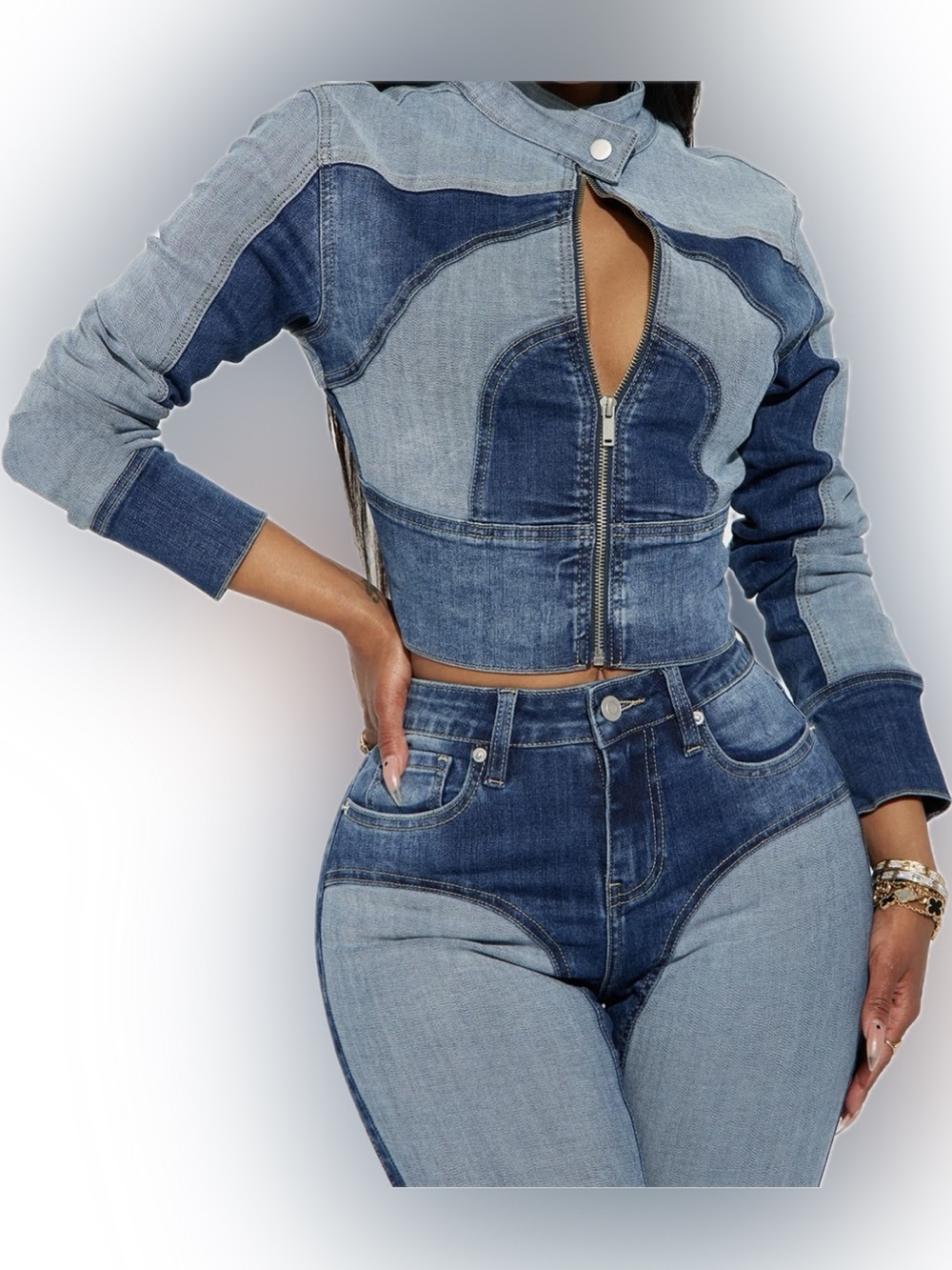 Two-Tone Blue Patchwork Denim Jacket - Cropped Jean Jacket